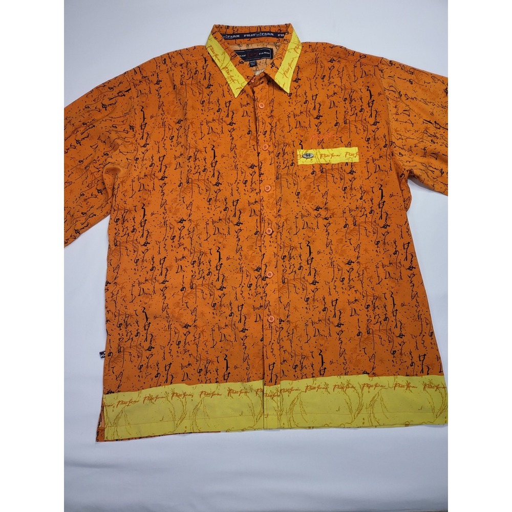 Phat Farm Mens XXXL Orange Yellow Script Print Button Down Shirt Y2K‎ PSH01539